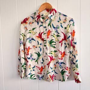 Maeve By Anthropologie Women's 00P Eclectic Boho Button Down Bird SILK Shirt 00P